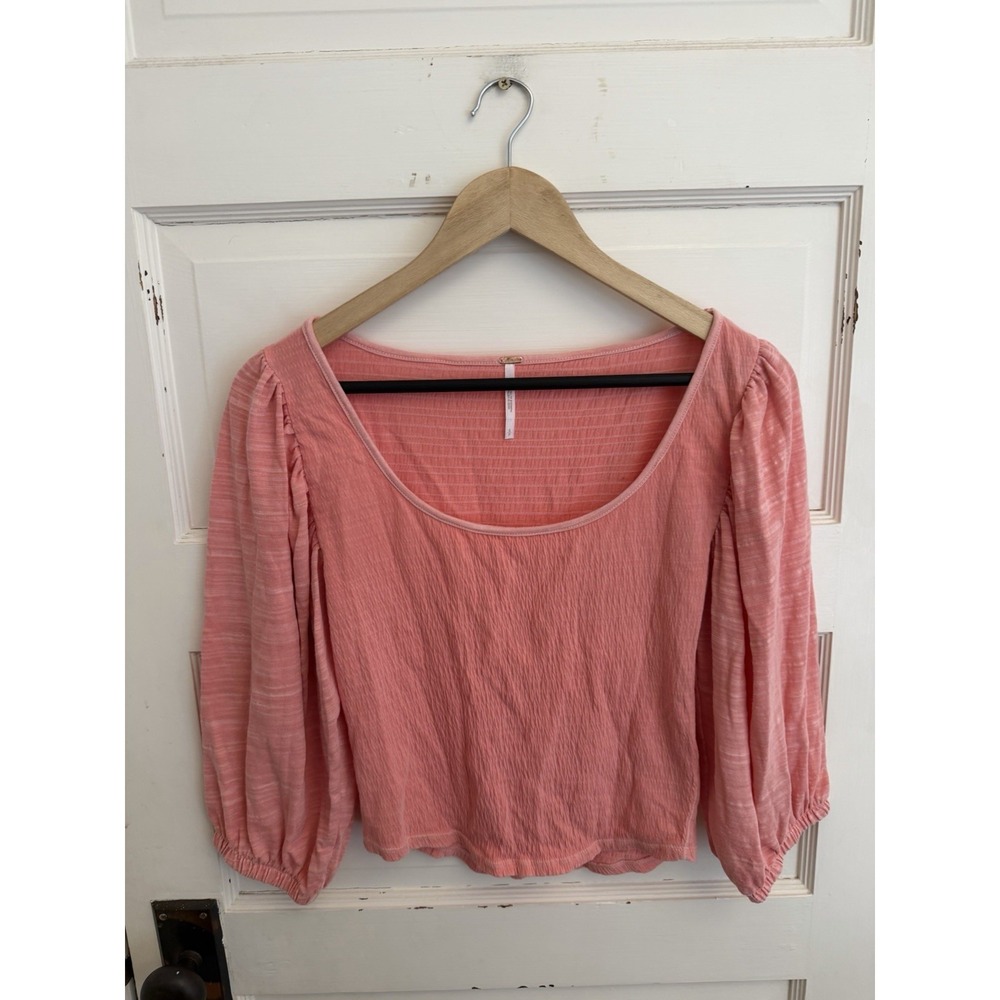 Free People Women's Coral Pink Day Lily‎ Puff Sleeve Blouse Top Size Small $78